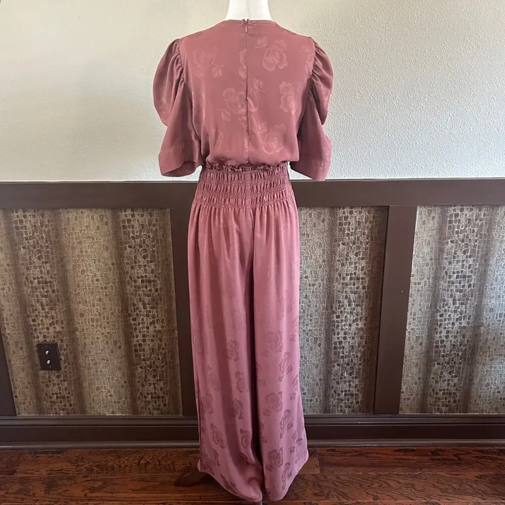 Anthropologie Castille Satin Jacquard Wide Leg Jumpsuit in Rose/Brown Sz Small